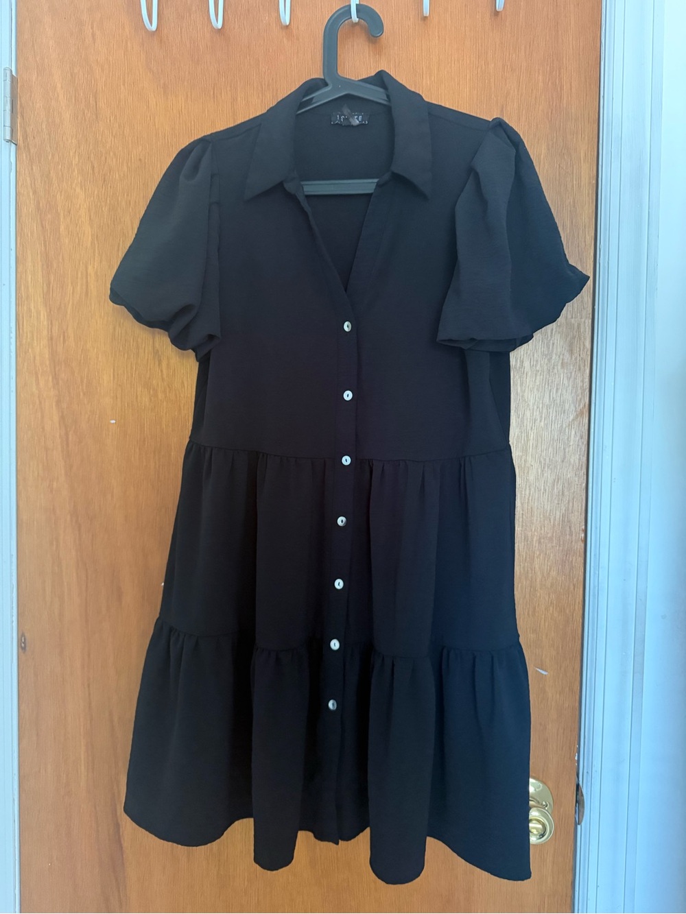 Black Button-Front Tiered Short Sleeve Dress